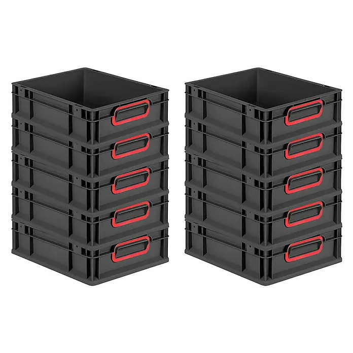 Proregal Euroboxen-Set 10x Eurobox NextGen Color - L x B x H: 40 x 30 x 12 cm, Kunststoff, Schwarz, Rot, 10 Stk. - Zwei Stapel grauer Kunststoffboxen mit roten Griffen, ideal für Lagerung und Organisation im Haushalt oder Gewerbe.