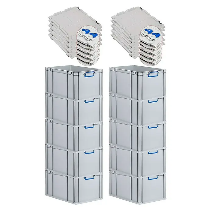 Proregal Euroboxen-Set 10x Eurobox NextGen Color mit Scharnierdeckel und Verschlüssen - L x B x H: 60 x 40 x 32 cm, Kunststoff, Grau, Blau, 10 Stk. - Bild von grauen Lagerboxen mit blauen Griffen und passenden Deckeln, die sich stapeln lassen und eine praktische Aufbewahrungslösung bieten.