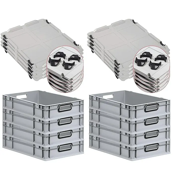 Proregal Euroboxen-Set 8x Eurobox NextGen Color mit Auflagedeckel und Schiebeschnappverschlüsse - L x B x H: 60 x 40 x 12 cm, Kunststoff, Grau, Schwarz, 8 Stk. - Graue Stapelboxen und Deckel für die Lagerung und Organisation. Robuste Kunststoffbehälter mit praktischen Griffen und Etikettenhaltern.