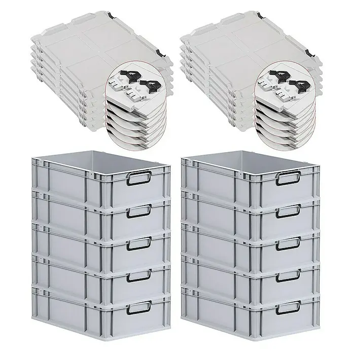 SuperSparSet 10x Eurobox NextGen Color mit Scharnierdeckel und Schiebeschnappverschlüssen | HxBxT 17x40x60cm | 34 Liter | Grau | Griffe schwarz geschlossen | Glatter Boden | Eurobehälter, Transportbox, Transportbehälter, Stapelbehälter -  - Bild von zwei Stapeln grauer Kunststoffboxen und zwei Stapeln dazugehöriger Deckel.