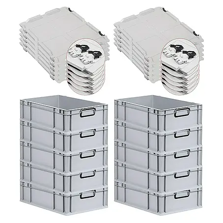 SuperSparSet 10x Eurobox NextGen Color mit Scharnierdeckel und Schiebeschnappverschlüssen | HxBxT 17x40x60cm | 34 Liter | Grau | Griffe schwarz geschlossen | Glatter Boden | Eurobehälter, Transportbox, Transportbehälter, Stapelbehälter