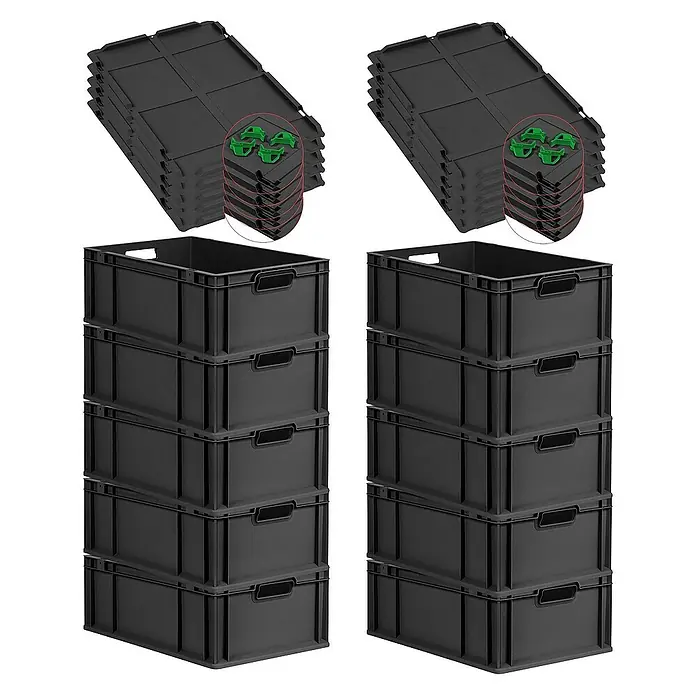 Proregal Euroboxen-Set 10x Eurobox NextGen Grip mit Auflagedeckel inkl. 4 grünen Verschlüssen - L x B x H: 60 x 40 x 22 cm, Kunststoff, Schwarz, 10 Stk. - Stapelbare schwarze Lagerkisten mit Deckeln und grünen Clips zur sicheren Aufbewahrung und Organisation von Gegenständen.