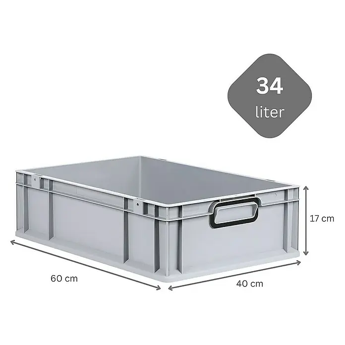 SuperSparSet 10x Eurobox NextGen Color mit Scharnierdeckel und Schiebeschnappverschlüssen | HxBxT 17x40x60cm | 34 Liter | Grau | Griffe schwarz geschlossen | Glatter Boden | Eurobehälter, Transportbox, Transportbehälter, Stapelbehälter -  - Bild einer grauen 34-Liter-Eurobox aus Kunststoff mit den Maßen 60 x 40 x 17 cm.