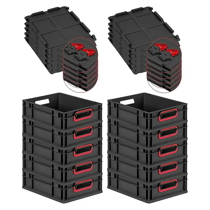 Proregal Euroboxen-Set 10x Eurobox NextGen Color mit Scharnierdeckel und Verschlüssen - L x B x H: 40 x 30 x 12 cm, Kunststoff, Schwarz, Rot, 10 Stk. - Zwei Stapel schwarzer Lagerbehälter und zugehöriger Deckel, die eine praktische und organisierte Aufbewahrungslösung bieten.