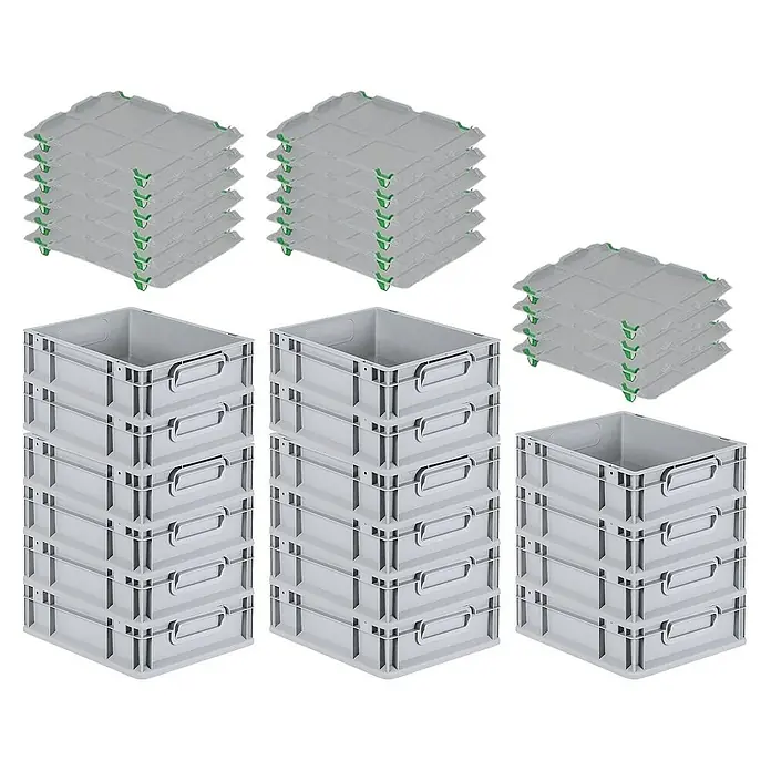 Proregal Euroboxen-Set 16x Eurobox NextGen Economy mit Auflagedeckel und 4x Verschlüsse Grün - L x B x H: 40 x 30 x 12 cm, Kunststoff, Grau, 16 Stk. - Abgebildet sind graue Lagerkästen und passende Deckel. Die Kästen sind in Dreierstapeln und die Deckel in Stacks von je 7 übereinander angeordnet.