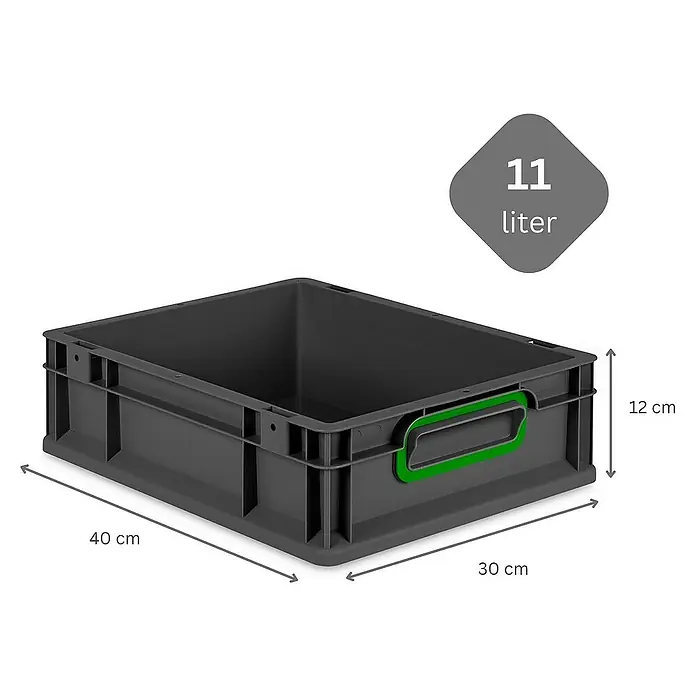 Proregal Euroboxen-Set 5x Eurobox NextGen Color - L x B x H: 40 x 30 x 12 cm, Kunststoff, Schwarz, Grün, 5 Stk. - Graue Kunststoffbox mit den Maßen 40 cm x 30 cm x 12 cm und einem Fassungsvermögen von 11 Litern zur Aufbewahrung von Gegenständen.