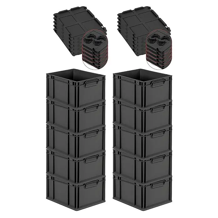 SparSet 10x Eurobox NextGen Grip mit Auflagedeckel inkl. 4 schwarzen Schiebeschnappverschlüssen | HxBxT 22x30x40cm | 20 Liter | Schwarz | Griffe geschlossen | Eurobehälter, Transportbox, Transportbehälter, Stapelbehälter -  - Ein Stapel von schwarzen Aufbewahrungsboxen und passenden Deckeln, ideal für die Organisation und Lagerung verschiedener Gegenstände.