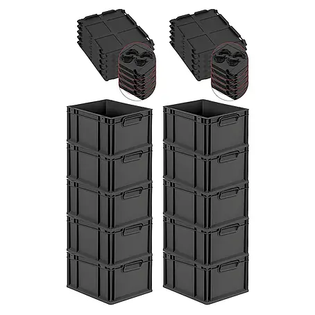SparSet 10x Eurobox NextGen Grip mit Auflagedeckel inkl. 4 schwarzen Schiebeschnappverschlüssen | HxBxT 22x30x40cm | 20 Liter | Schwarz | Griffe geschlossen | Eurobehälter, Transportbox, Transportbehälter, Stapelbehälter