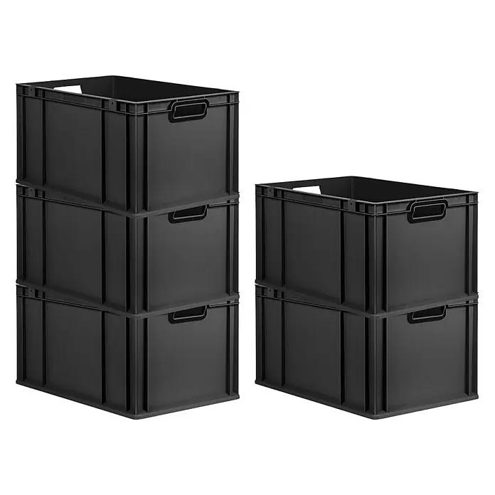 SparSet 5x Eurobox NextGen Color | HxBxT 32x40x60cm | 65 Liter | Griffe schwarz offen | Verstärkter Boden | Schwarz | Eurobehälter, Transportbox, Transportbehälter, Stapelbehälter -  - Drei schwarze Kunststoffkisten gestapelt links und zwei rechts. Die Kisten haben Griffe und sind für Lagerung und Organisation geeignet.