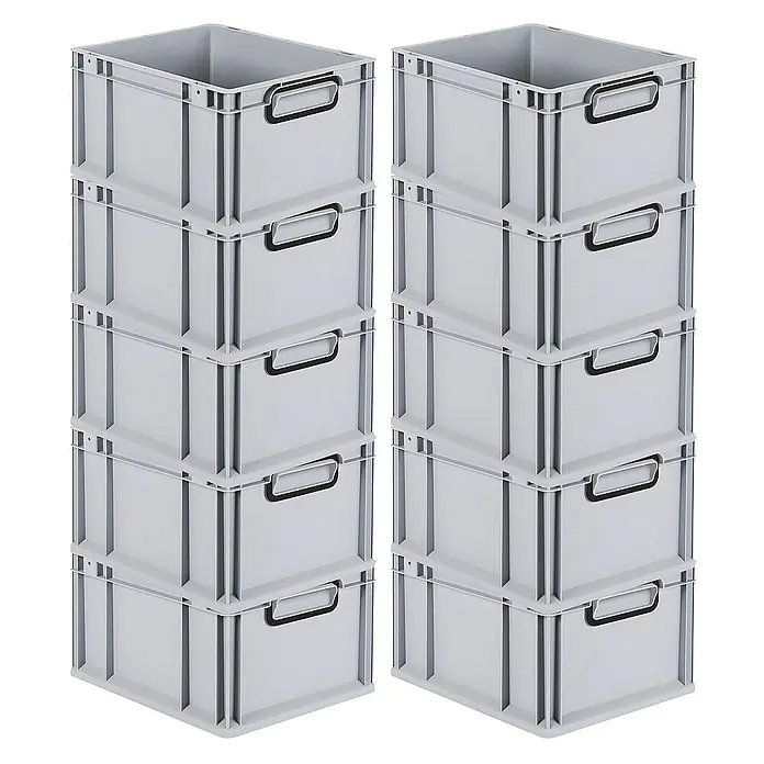 SparSet 10x Eurobox NextGen Color | HxBxT 22x30x40cm | 20 Liter | Griffe schwarz geschlossen | Glatter Boden | Grau | Eurobehälter, Transportbox, Transportbehälter, Stapelbehälter -  - Zwei Stapel grauer Aufbewahrungsboxen aus Kunststoff mit schwarzen Griffen, ideal für die Organisation.