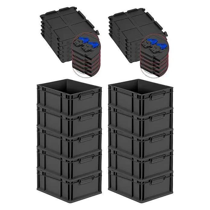 Proregal Euroboxen-Set 10x Eurobox NextGen Grip mit Scharnierdeckel und blauen Verschlüssen - L x B x H: 40 x 30 x 17 cm, Kunststoff, Schwarz, 10 Stk. - Ein Stapel von schwarzen Bodenfliesen und schwarzen Kunststoffboxen. Praktische Aufbewahrungslösung.