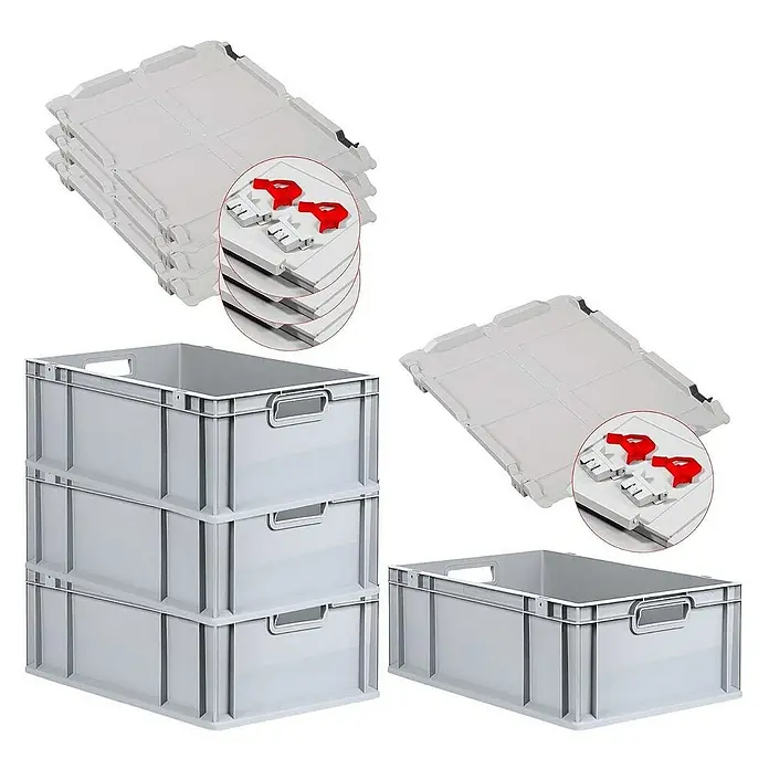 Proregal Euroboxen-Set 4x Eurobox NextGen Grip mit Scharnierdeckel und roten Verschlüssen - L x B x H: 60 x 40 x 22 cm, Kunststoff, Grau, 4 Stk. - Graue Kunststoffboxen und Deckel mit roten Verschlüssen für Lagerung und Transport.