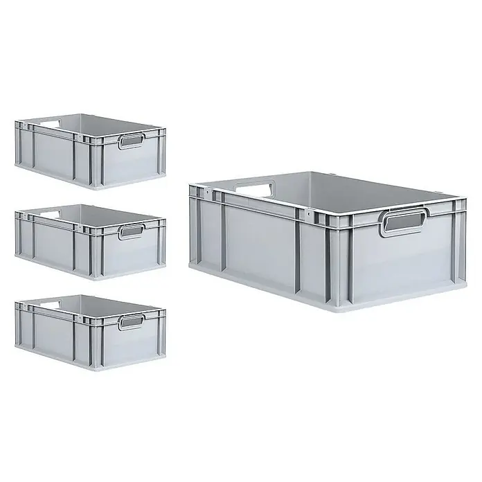 Proregal Euroboxen-Set 4x Eurobox NextGen Grip mit Scharnierdeckel und roten Verschlüssen - L x B x H: 60 x 40 x 22 cm, Kunststoff, Grau, 4 Stk. - Darstellung von vier grauen Kunststoffboxen in verschiedenen Perspektiven, die für Lagerung und Organisation geeignet sind.