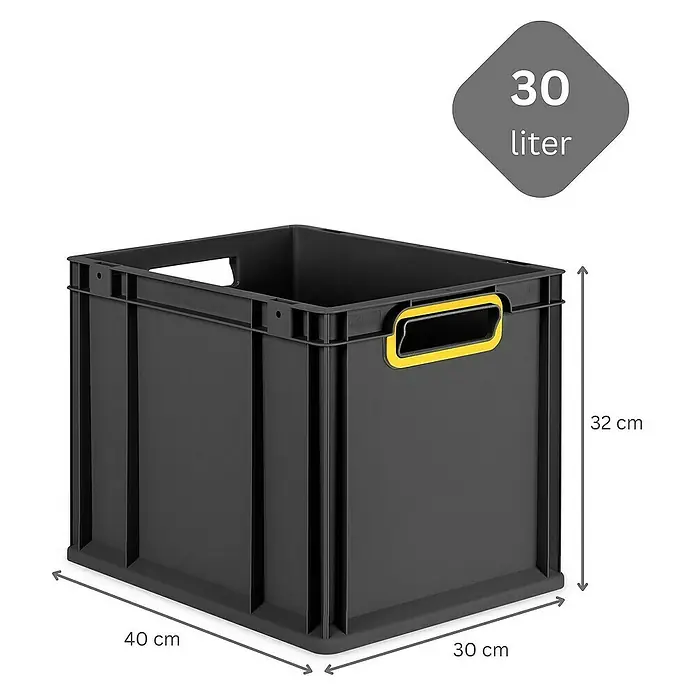 Proregal Euroboxen-Set 5x Eurobox NextGen Color mit Scharnierdeckel und Verschlüssen - Kunststoff, Schwarz, Gelb, 5 Stk. - Schwarze 30-Liter-Aufbewahrungsbox aus Kunststoff mit gelben Griffen und den Maßen 40x30x32 cm.