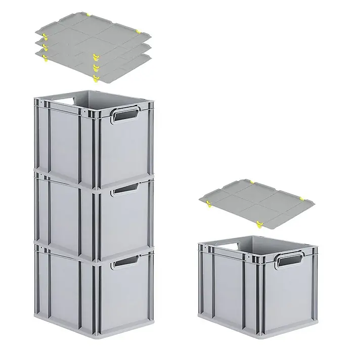 Proregal Euroboxen-Set 4x Eurobox NextGen Economy mit Auflagedeckel und 4x Verschlüsse Gelb - Kunststoff, Grau, 4 Stk. - Stapelbare Kunststoffboxen in Grau mit gelben Deckeln für Lagerung & Transport. Ideal für Ordnung & Effizienz in Lager und Werkstatt.