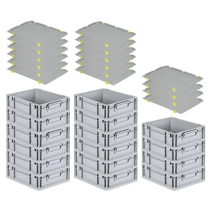 Proregal Euroboxen-Set 16x Eurobox NextGen Grip mit Auflagedeckel inkl. 4 gelben Verschlüssen - L x B x H: 40 x 30 x 12 cm, Kunststoff, Grau, 16 Stk. - Bild von drei Stapeln grauer Kunststoffkisten und drei Stapeln grauer Kunststoffdeckel mit gelben Akzenten.