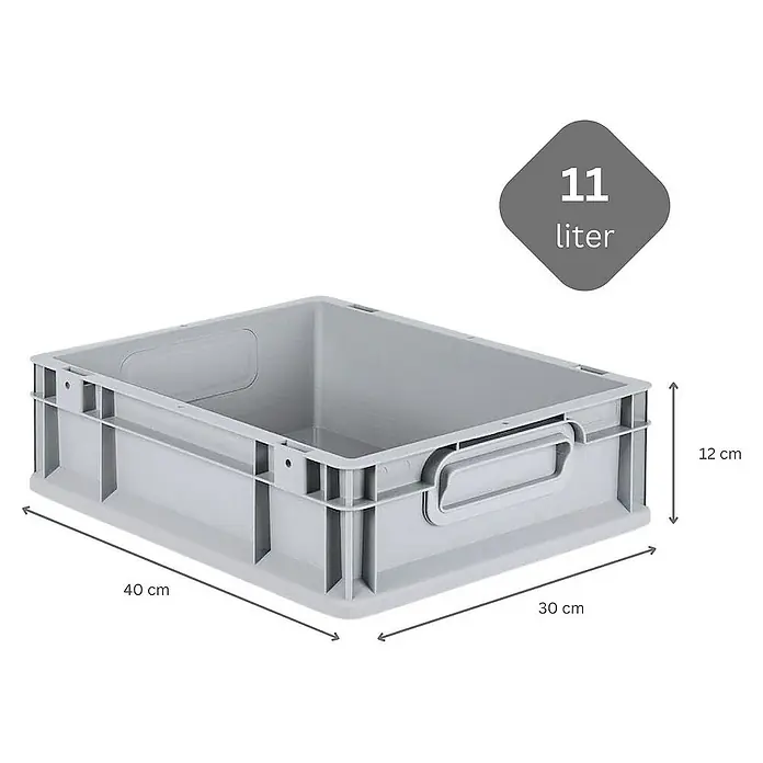 Proregal Euroboxen-Set 16x Eurobox NextGen Grip mit Auflagedeckel inkl. 4 gelben Verschlüssen - L x B x H: 40 x 30 x 12 cm, Kunststoff, Grau, 16 Stk. - Abbildung einer grauen Kunststoffbox mit den Maßen 40x30x12 cm und einem Fassungsvermögen von 11 Litern.