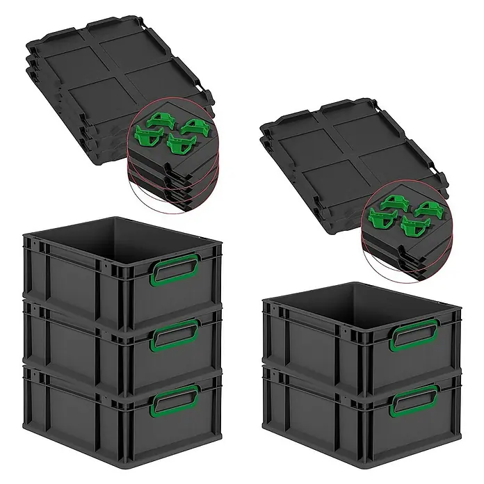 Proregal Euroboxen-Set 5x Eurobox NextGen Color mit Auflagedeckel und Schiebeschnappverschlüsse - L x B x H: 40 x 30 x 17 cm, Kunststoff, Schwarz, Grün, 5 Stk. - Ein Satz grauer Stapelboxen mit grünen Griffen und zusammenklappbare, flache Boxen mit grünen Clips. Praktische Lagerlösung.