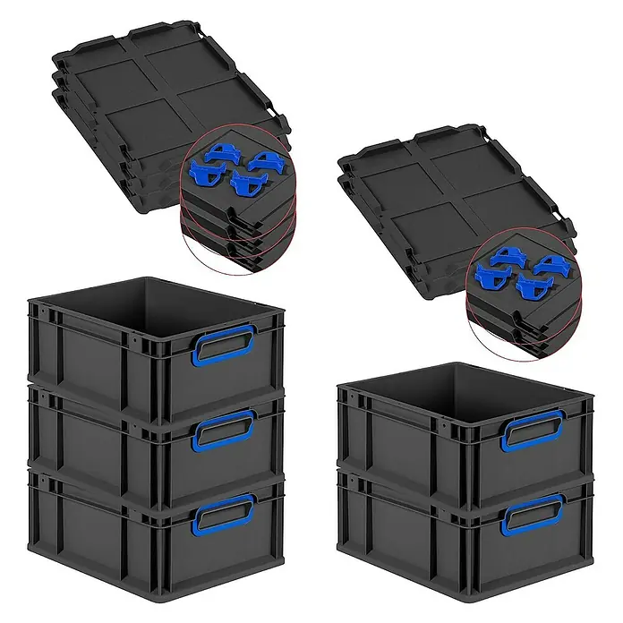 Proregal Euroboxen-Set 5x Eurobox NextGen Color mit Auflagedeckel und Schiebeschnappverschlüsse - L x B x H: 40 x 30 x 17 cm, Kunststoff, Schwarz, Blau, 5 Stk. - Ein Bild von schwarzen Lagerkisten und Deckeln. Die Kisten sind stapelbar und die Deckel haben blaue Clips.
