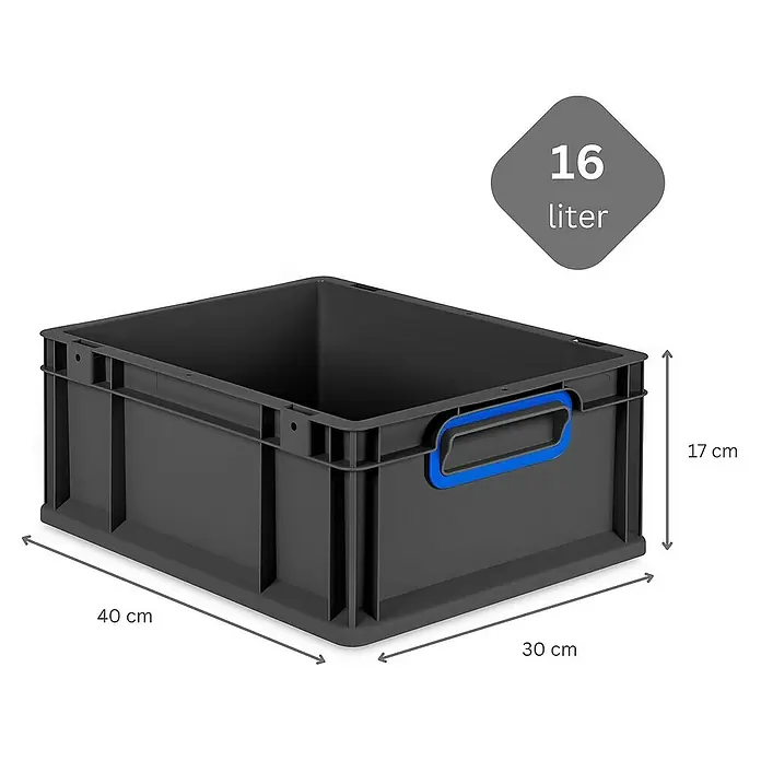 Proregal Euroboxen-Set 5x Eurobox NextGen Color mit Auflagedeckel und Schiebeschnappverschlüsse - L x B x H: 40 x 30 x 17 cm, Kunststoff, Schwarz, Blau, 5 Stk. - Abgebildete graue Kunststoffbox mit den Maßen 40 x 30 x 17 cm und einem Volumen von 16 Litern.