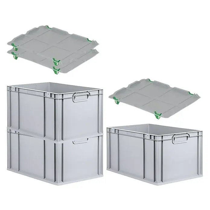 Proregal Euroboxen-Set 3x Eurobox NextGen Economy mit Auflagedeckel und 4x Verschlüsse Grün - L x B x H: 60 x 40 x 32 cm, Kunststoff, Grau, 3 Stk. - Graue Stapelboxen und passende Deckel mit grünen Verschlüssen, ideal für Lagerung und Transport.