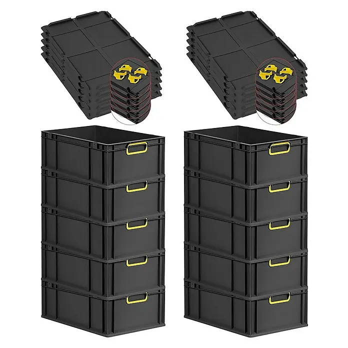 Proregal Euroboxen-Set 10x Eurobox NextGen Color mit Auflagedeckel und Schiebeschnappverschlüsse - L x B x H: 60 x 40 x 22 cm, Kunststoff, Schwarz, Gelb, 10 Stk. - Stapelbare schwarze Aufbewahrungsboxen und Deckel mit gelben Akzenten, ideal für Organisation und Lagerung.