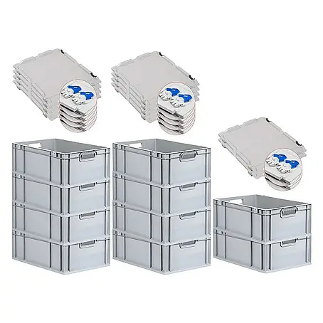 SuperSparSet 10x Eurobox NextGen Grip mit Scharnierdeckel und blauen Schiebeschnappverschlüssen | HxBxT 22x40x60cm | 44 Liter | Grau | Griffe offen | Verstärkter Boden | Eurobehälter, Transportbox, Transportbehälter, Stapelbehälter