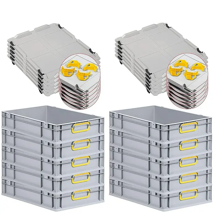 SparSet 10x Eurobox NextGen Color mit Auflagedeckel und Schiebeschnappverschlüsse | HxBxT 12x40x60cm | 23 Liter | Grau | Griffe gelb geschlossen | Glatter Boden | Eurobehälter, Transportbox, Transportbehälter, Stapelbehälter -  - Graue Eurobehälter und Deckel im Doppelpack: Robuste Lagerlösung mit gelben Griffen und praktischen Clips für sicheren Transport.