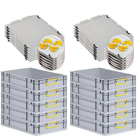 SparSet 10x Eurobox NextGen Color mit Auflagedeckel und Schiebeschnappverschlüsse | HxBxT 12x40x60cm | 23 Liter | Grau | Griffe gelb geschlossen | Glatter Boden | Eurobehälter, Transportbox, Transportbehälter, Stapelbehälter