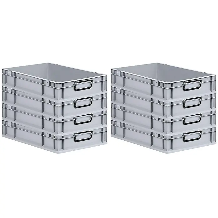 Proregal Euroboxen-Set 8x Eurobox NextGen Color - L x B x H: 60 x 40 x 12 cm, Kunststoff, Grau, Schwarz, 8 Stk. - Stapel von vier grauen Eurobehältern mit Griffen, die eine praktische Aufbewahrungslösung bieten.