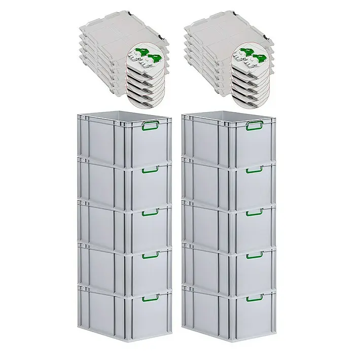 Proregal Euroboxen-Set 10x Eurobox NextGen Color mit Scharnierdeckel und Verschlüssen - L x B x H: 60 x 40 x 32 cm, Kunststoff, Grau, Grün, 10 Stk. - Bild eines Stapels grauer Kunststoffboxen mit grünen Griffen und Deckeln.