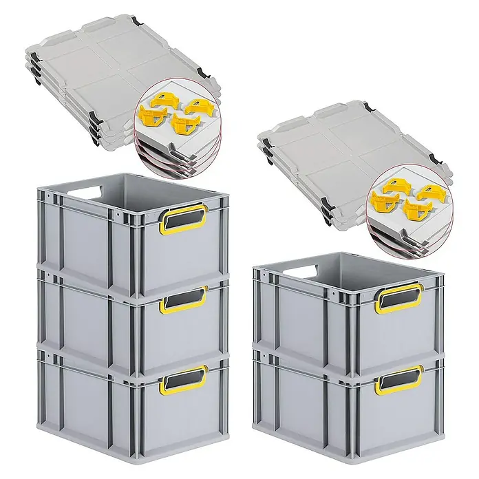 Proregal Euroboxen-Set 5x Eurobox NextGen Color mit Auflagedeckel und Schiebeschnappverschlüsse - L x B x H: 40 x 30 x 22 cm, Kunststoff, Grau, Gelb, 5 Stk. - Graue Kunststoffboxen mit gelben Griffen und Deckel zur Aufbewahrung und Organisation.