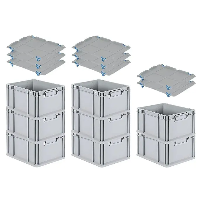 Proregal Euroboxen-Set 8x Eurobox NextGen Economy mit Auflagedeckel und 4x Verschlüsse Blau - L x B x H: 40 x 30 x 22 cm, Kunststoff, Grau, 8 Stk. - Das Bild zeigt graue Euroboxen mit passenden Deckeln, die vielseitige Aufbewahrungslösungen für verschiedene Zwecke bieten.
