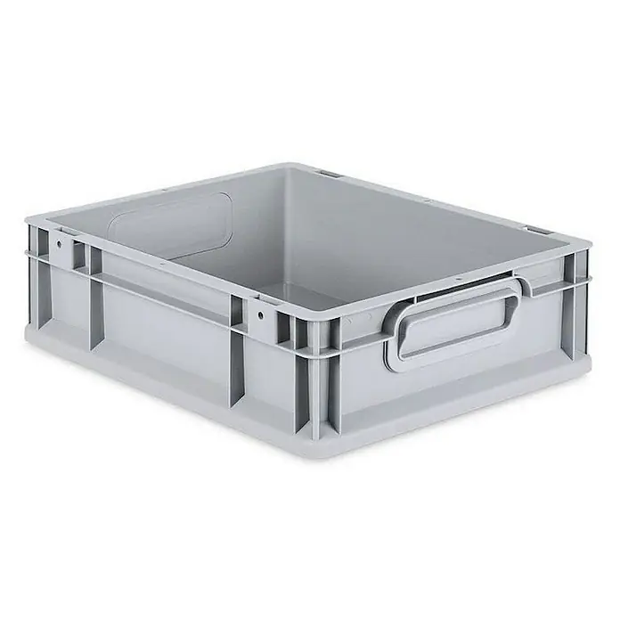 Proregal Euroboxen-Set 16x Eurobox NextGen Grip mit Auflagedeckel inkl. 4 blauen Verschlüssen - L x B x H: 40 x 30 x 12 cm, Kunststoff, Grau, 16 Stk. - Graue Kunststoffbox mit Griffen und verstärkten Ecken für Lagerung und Transport, ideal für verschiedene Anwendungen.