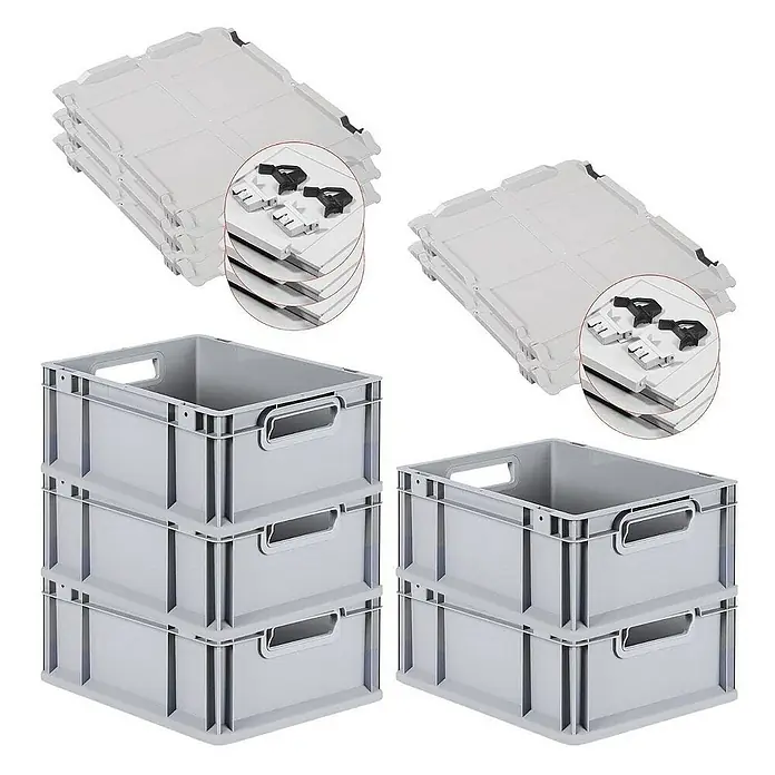 Proregal Euroboxen-Set 5x Eurobox NextGen Grip mit Scharnierdeckel und schwarzen Verschlüssen - L x B x H: 40 x 30 x 17 cm, Kunststoff, Grau, 5 Stk. - Das Bild zeigt graue Lagerboxen und dazugehörige Deckel, die eine praktische und effiziente Aufbewahrungslösung für verschiedene Gegenstände bieten.