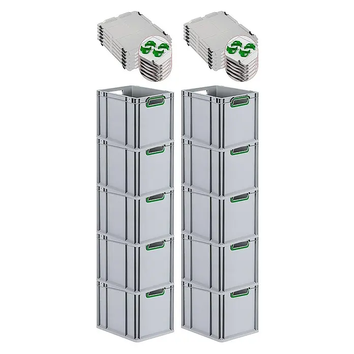 Proregal Euroboxen-Set 10x Eurobox NextGen Color mit Auflagedeckel und Schiebeschnappverschlüsse - Kunststoff, Grau, Grün, 10 Stk. - Zwei Stapel grauer Euroboxen mit grünen Griffen und dazugehörigen Deckeln, ideal für Lagerung und Transport verschiedener Gegenstände.