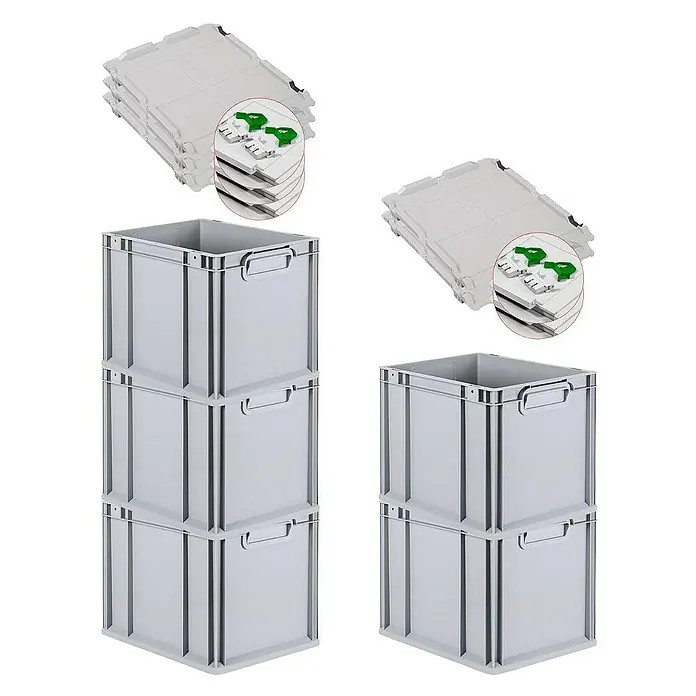 Proregal Euroboxen-Set 5x Eurobox NextGen Economy mit Scharnierdeckel und grünen Verschlüssen - Kunststoff, Grau, 5 Stk. - Stapelbare graue Kunststoffboxen mit Griffen und zusammenklappbaren Boxen zur einfachen Lagerung.