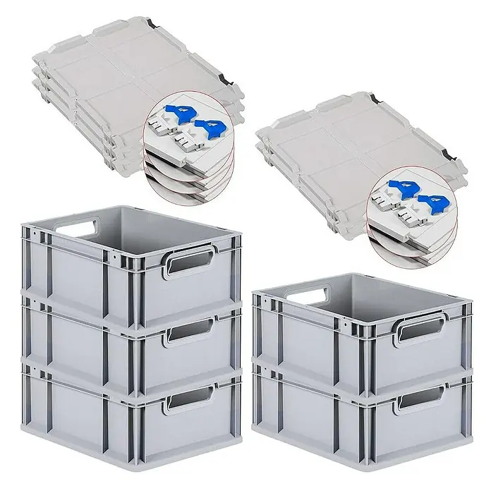 Proregal Euroboxen-Set 5x Eurobox NextGen Economy mit Scharnierdeckel und blauen Verschlüssen - L x B x H: 40 x 30 x 17 cm, Kunststoff, Grau, 5 Stk. - Das Bild zeigt graue Eurobehälter und dazu passende Deckel, die sich ideal für Lagerung und Transport eignen.