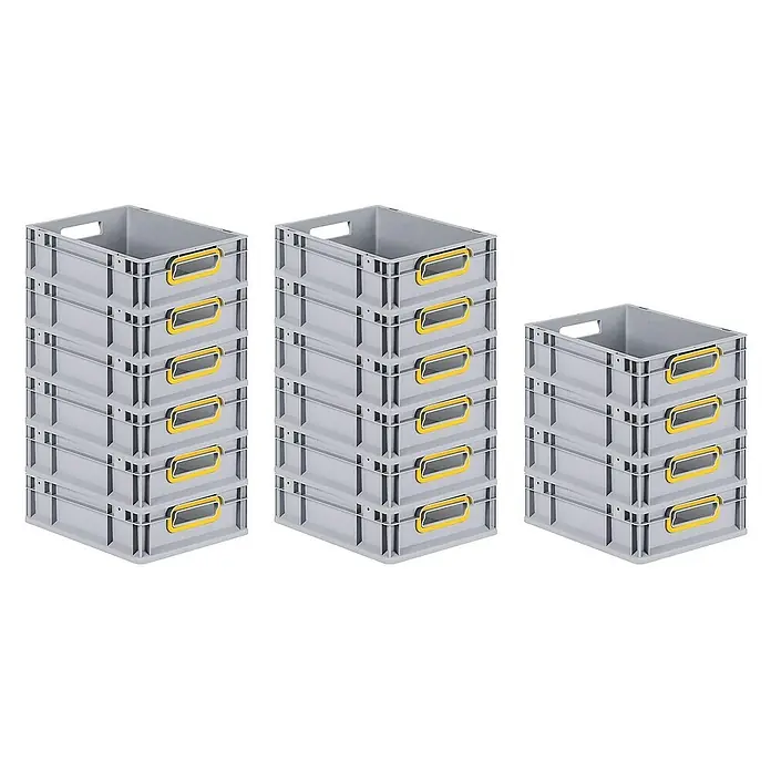 Proregal Euroboxen-Set 16x Eurobox NextGen Color - L x B x H: 40 x 30 x 12 cm, Kunststoff, Grau, Gelb, 16 Stk. - Drei Stapel grauer Kunststoffbehälter mit gelben Griffen. Die Behälter sind leer und sauber, ideal für Lagerung und Transport.