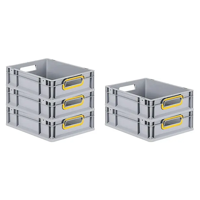 Proregal Euroboxen-Set 16x Eurobox NextGen Color - L x B x H: 40 x 30 x 12 cm, Kunststoff, Grau, Gelb, 16 Stk. - Stapelbare graue Kunststoffboxen mit gelben Griffen. Praktische Aufbewahrungslösung für Ordnung und Übersicht.