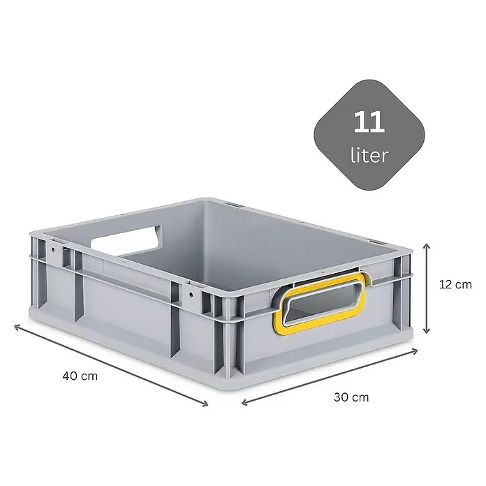 Proregal Euroboxen-Set 16x Eurobox NextGen Color - L x B x H: 40 x 30 x 12 cm, Kunststoff, Grau, Gelb, 16 Stk. - Graue Kunststoffbox mit gelben Griffen, Abmessungen 40 x 30 x 12 cm und 11 Liter Fassungsvermögen.