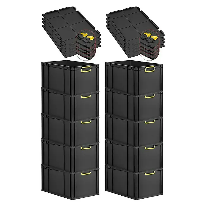 Proregal Euroboxen-Set 10x Eurobox NextGen Color mit Scharnierdeckel und Verschlüssen - L x B x H: 60 x 40 x 32 cm, Kunststoff, Schwarz, Gelb, 10 Stk. - Bild von schwarzen Kunststoffbehältern und Deckeln mit gelben Akzenten, die Haltbarkeit und Organisation versprechen.\n