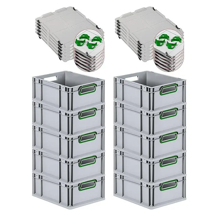 Proregal Euroboxen-Set 10x Eurobox NextGen Color mit Auflagedeckel und Schiebeschnappverschlüsse - L x B x H: 40 x 30 x 17 cm, Kunststoff, Grau, Grün, 10 Stk. - Graue Lagerbehälter und zugehörige Deckel, die eine praktische Aufbewahrungslösung für verschiedene Gegenstände bieten.