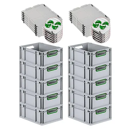 Proregal  Euroboxen-Set 10x Eurobox NextGen Color mit Auflagedeckel und Schiebeschnappverschlüsse
