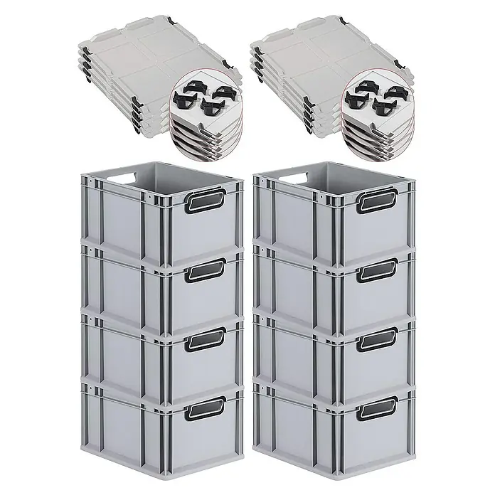 SuperSparSet 8x Eurobox NextGen Color mit Auflagedeckel und Schiebeschnappverschlüsse | HxBxT 22x30x40cm | 20 Liter | Grau | Griffe schwarz offen | Glatter Boden | Eurobehälter, Transportbox, Transportbehälter, Stapelbehälter -  - Bild von zwei Stapeln grauer Kunststoffboxen mit Deckeln und schwarzen Griffen, die eine praktische Aufbewahrungslösung bieten.