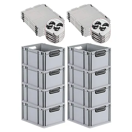 SuperSparSet 8x Eurobox NextGen Color mit Auflagedeckel und Schiebeschnappverschlüsse | HxBxT 22x30x40cm | 20 Liter | Grau | Griffe schwarz offen | Glatter Boden | Eurobehälter, Transportbox, Transportbehälter, Stapelbehälter