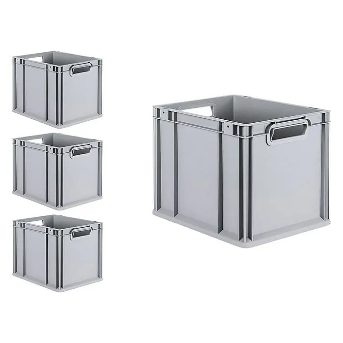 Proregal Euroboxen-Set 4x Eurobox NextGen Grip mit Scharnierdeckel und blauen Verschlüssen - Kunststoff, Grau, 4 Stk. - Mehrere graue Lagerkisten aus Kunststoff, ideal für Lagerung und Organisation, in verschiedenen Ansichten dargestellt.