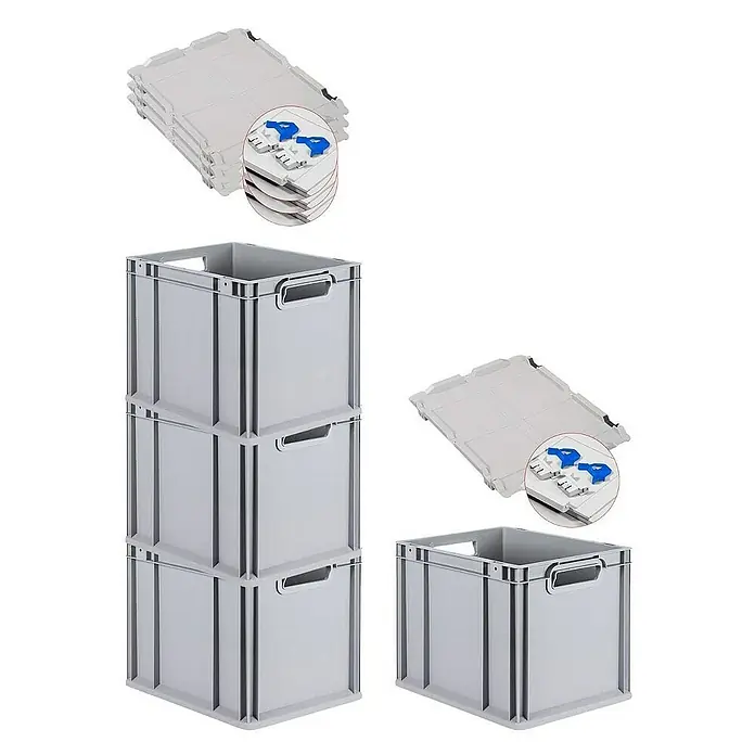 Proregal Euroboxen-Set 4x Eurobox NextGen Grip mit Scharnierdeckel und blauen Verschlüssen - Kunststoff, Grau, 4 Stk. - Das Bild zeigt einen Stapel von drei grauen Eurobehältern und eine weitere einzelne Box mit Deckeln.