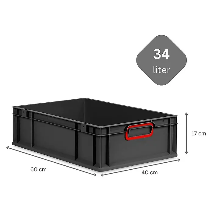 Proregal Euroboxen-Set 5x Eurobox NextGen Color - Kunststoff, Schwarz, Rot, 5 Stk. - Abgebildet ist eine schwarze 34-Liter-Lagerkiste aus Kunststoff mit roten Griffen und den Maßen 60 x 40 x 17 cm.