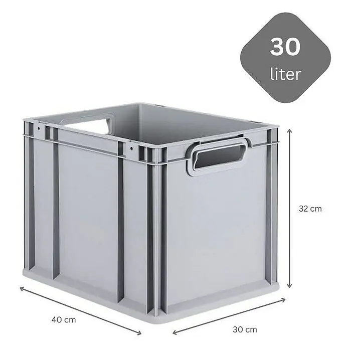 Proregal Euroboxen-Set 4x Eurobox NextGen Grip mit Scharnierdeckel und blauen Verschlüssen - Kunststoff, Grau, 4 Stk. - Graue Kunststoffbox mit den Maßen 40x30x32 cm und einem Fassungsvermögen von 30 Litern, ideal für Lagerung und Transport.